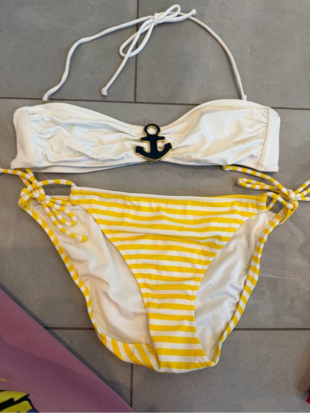White Bandeau Bikini Top with Anchor Accent & Yellow Striped Bikini Bottoms